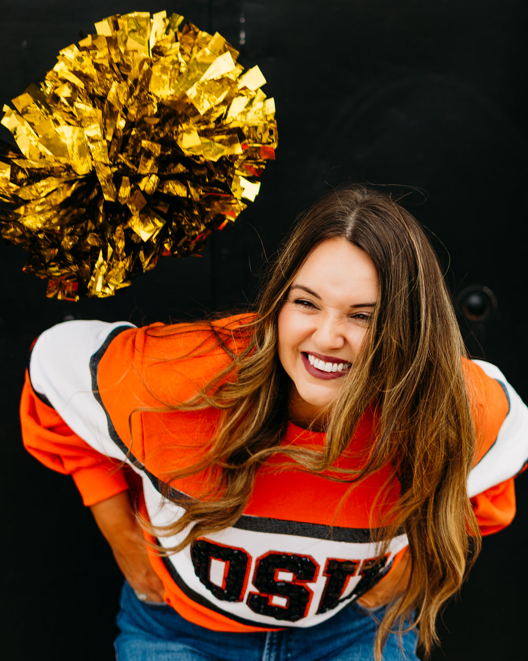 Queen of Sparkles: Licensed OK State Colorblock Jewel Letter Sweatshirt