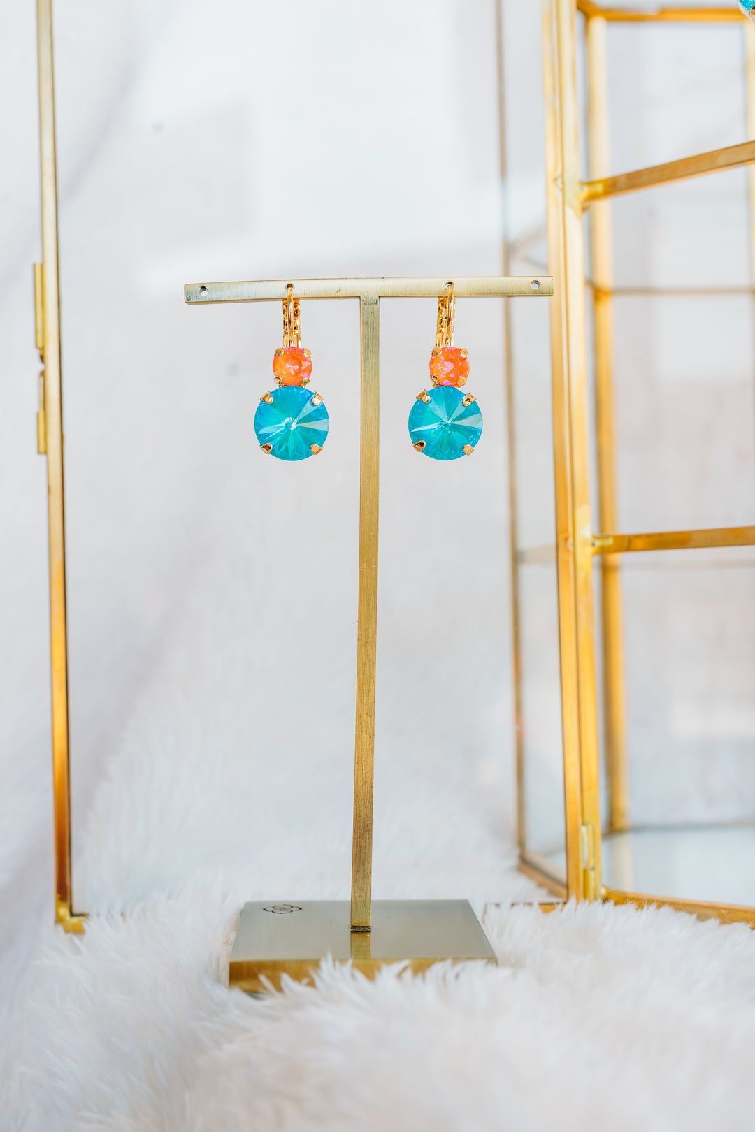 Mariana: Large Rivoli Double Stone Leverback Earrings in Gold