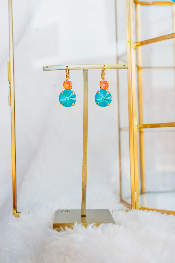 Mariana: Large Rivoli Double Stone Leverback Earrings in Gold