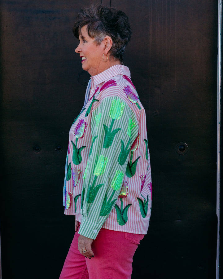 Queen Of Sparkles: Striped Sequin Tulip Button Up Long Sleeve Top in multi (SP26193) - The Vogue Boutique