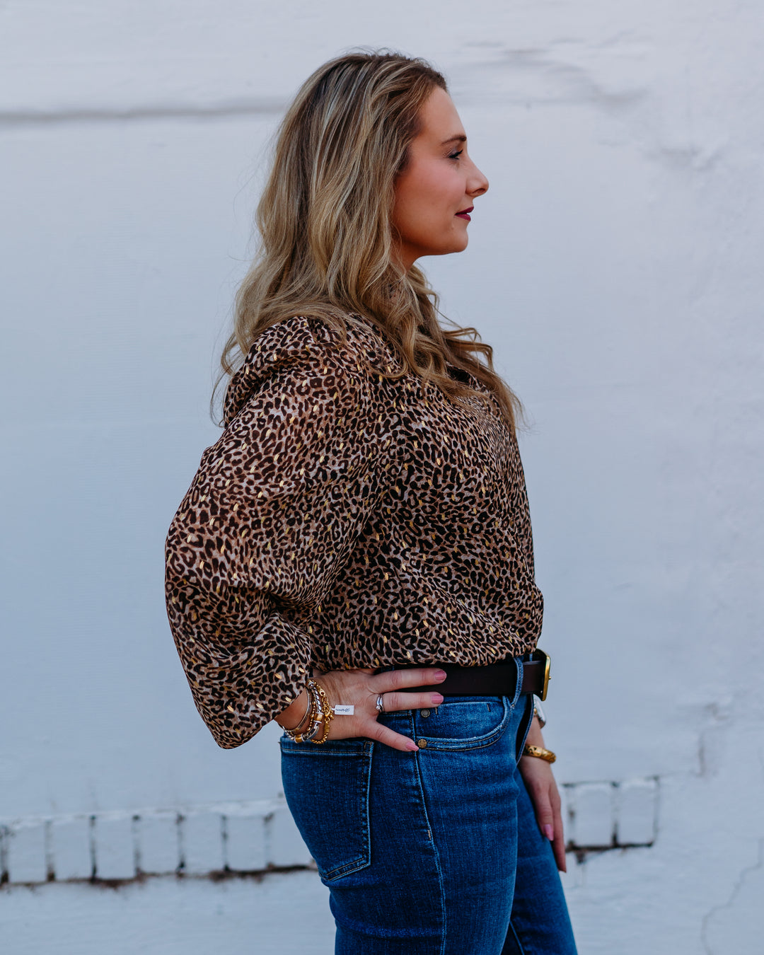 Jodifl: Leopard Long Sleeve Blouse in Taupe