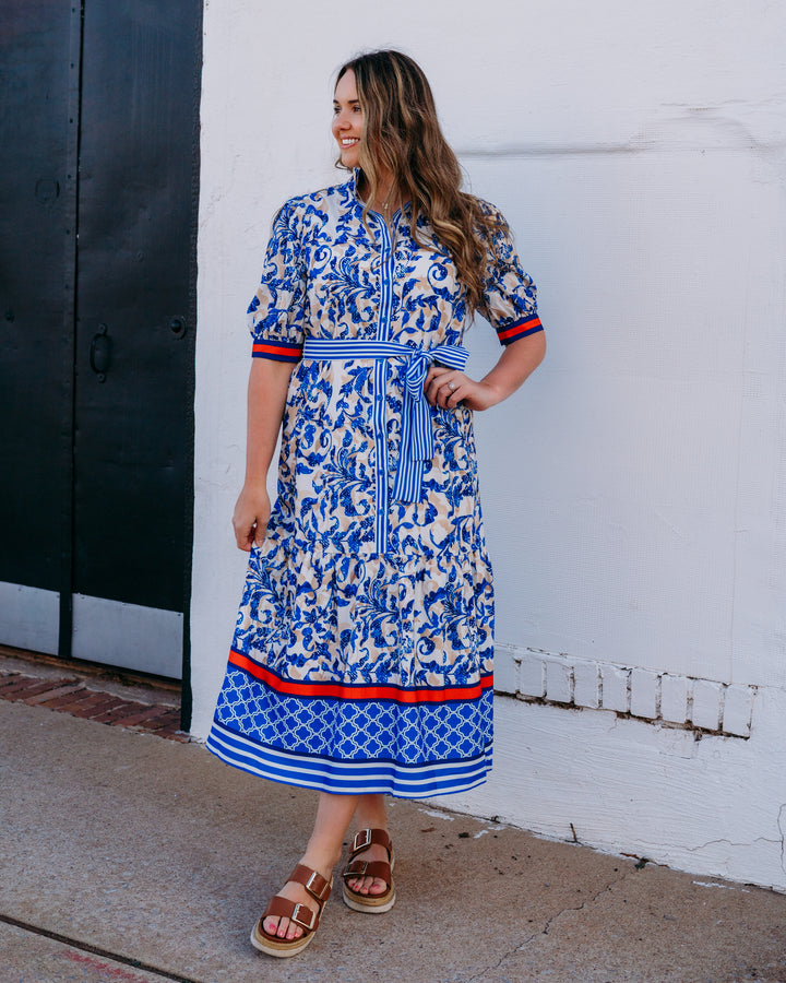 Jade: Button Front Short Sleeve Maxi Dress in Tiled Ivy (76A9905-2) - The Vogue Boutique