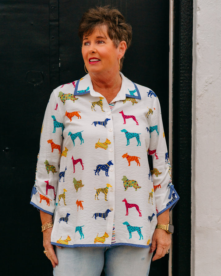 John Mark: Multi Dog Print Blouse With Cinch Sleeves (J26433BM) - The Vogue Boutique