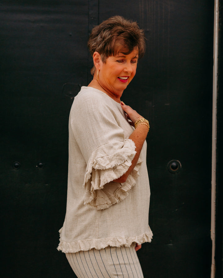 Multiples: Double Flounce Raglan Elbow Sleeve Scoop Neck Fringe Hem Top in Flax (M26720TM) - The Vogue Boutique