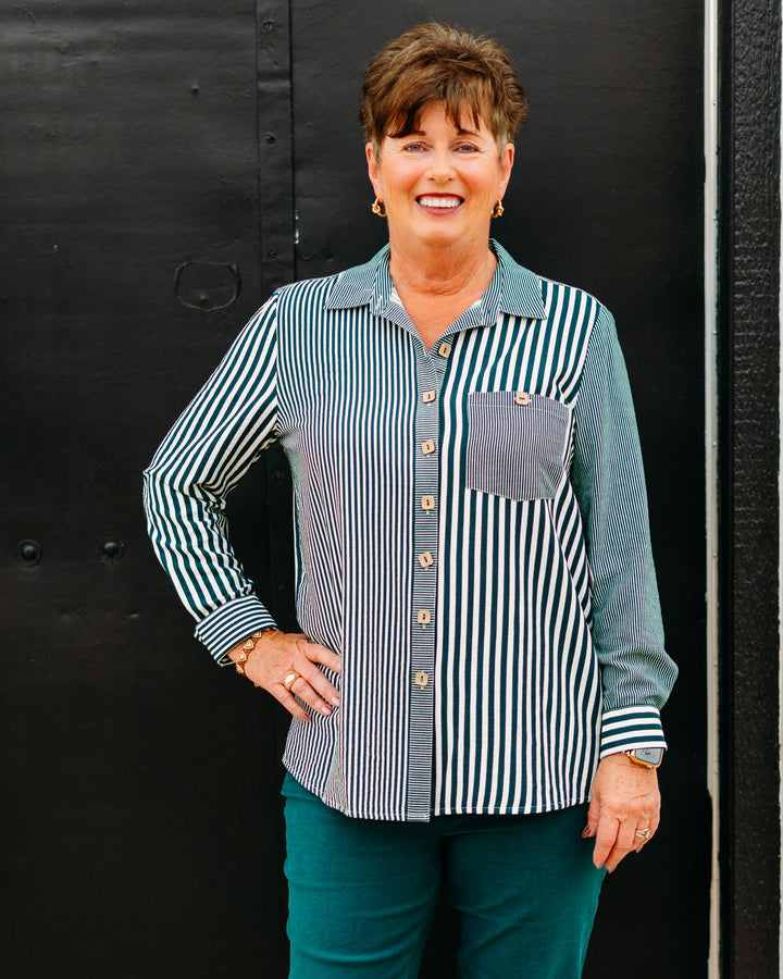 Multiples:  (Sun Stone) Turn-Up Cuff Long Sleeve Hi-Lo Shirt in Deep Green(M35609BM)
