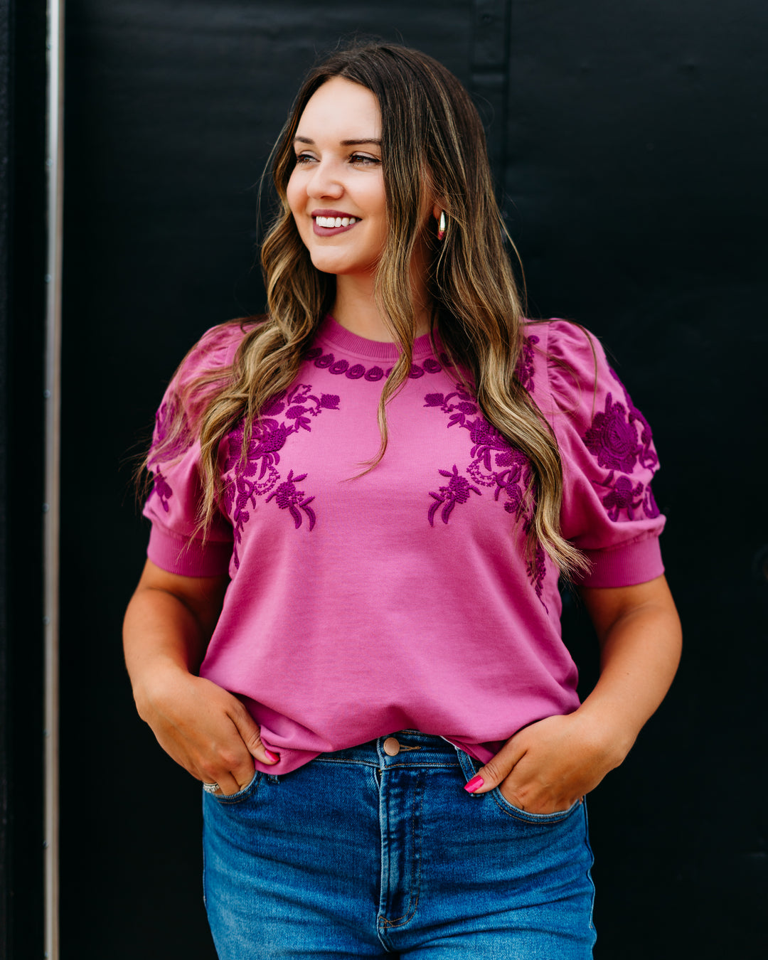 Ivy Jane: Short Sleeve Embroidered Sweatshirt in Plum (691009)