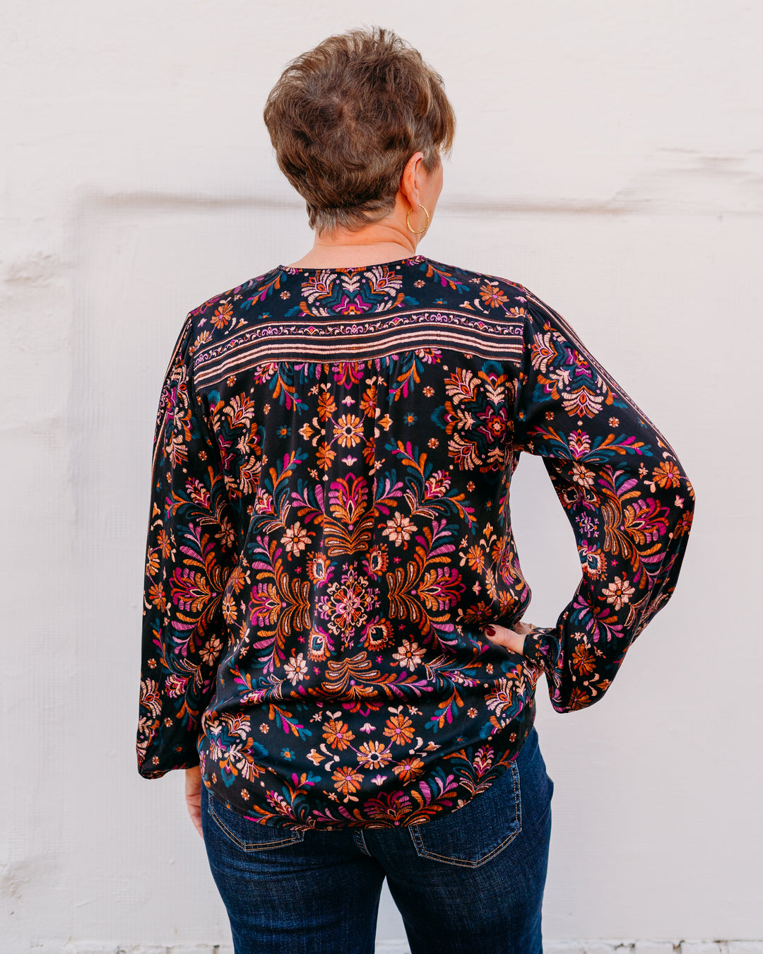 Johnny Was: Curved Hem Prairie Blouse in Brandi
