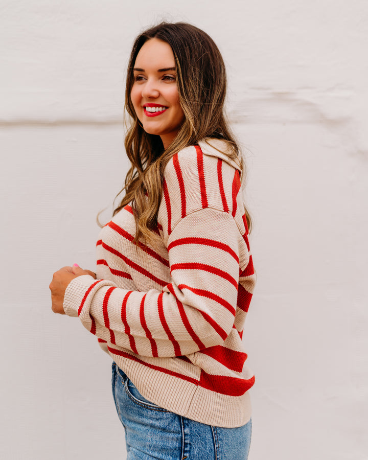 Karen Kane: Stripe Polo Sweater in Tomato