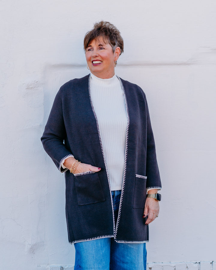 Multiples: 3/4 Sleeve Drop Shoulder Long Knit Cardigan in Heather Grey (M45201KM)(Crimson Tide)