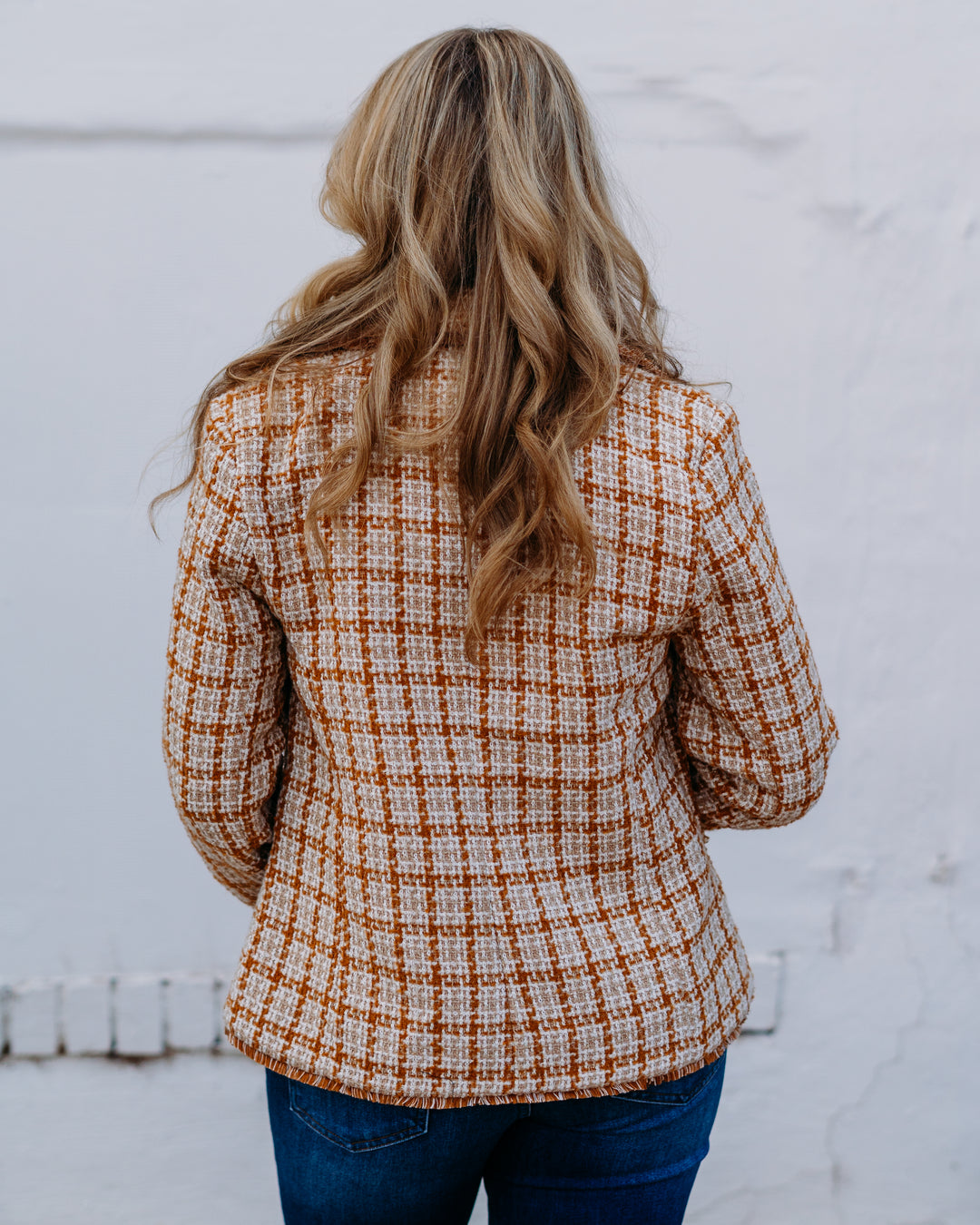 Liverpool: Blazer With Fray Edges in Gold And Khaki Plaid