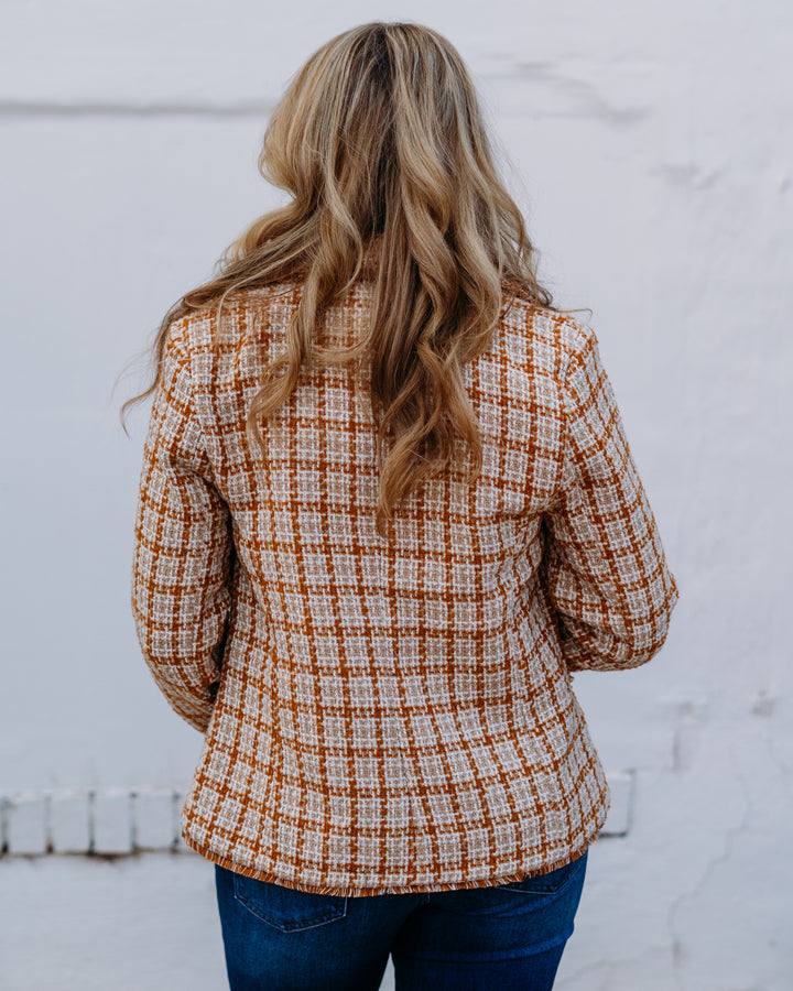 Liverpool: Blazer With Fray Edges in Gold And Khaki Plaid