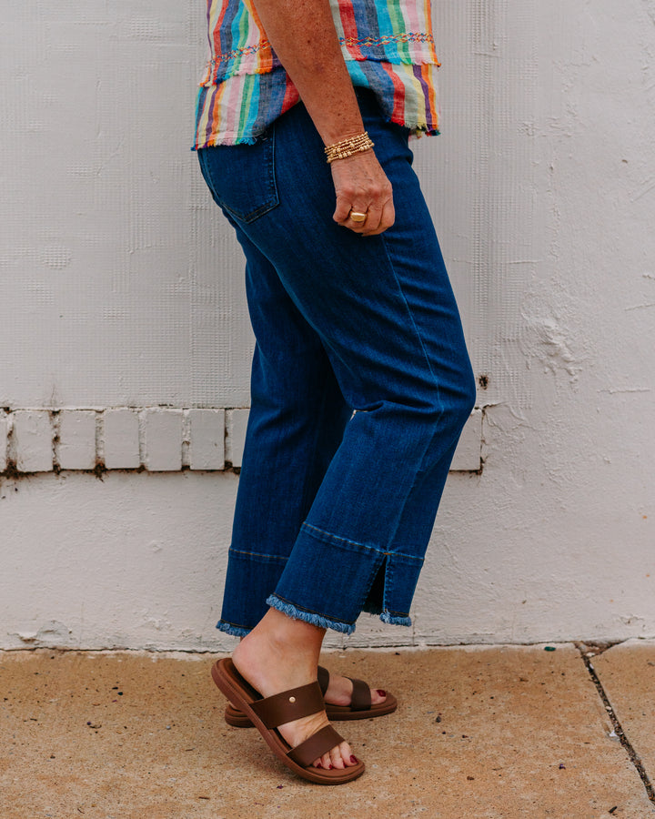 Multiples: Zip and Button Front 5-Pocket Hi-Lo Hem Crop Pant in Midnight (M26708PM)