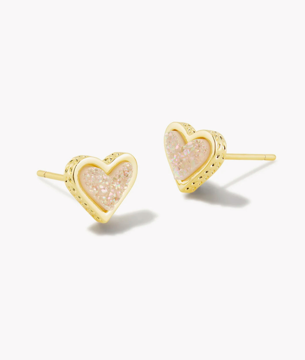 Kendra Scott: Framed Ari Heart Gold Stud Earrings in Iridescent Drusy