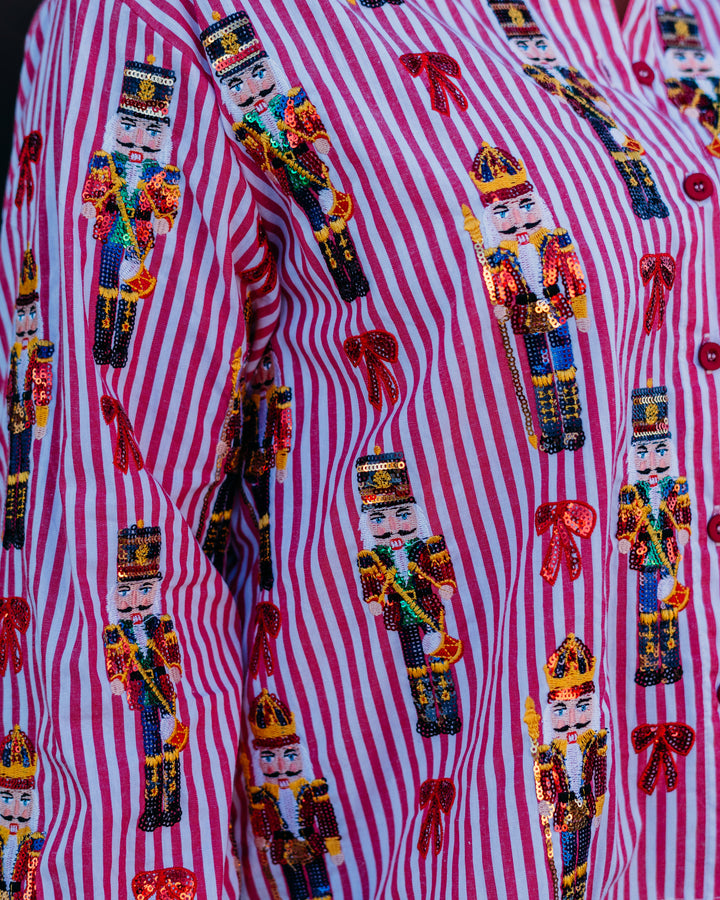 Queen Of Sparkles: Red Stripe Scattered Nutcracker & Bow Cotton Button Up Top