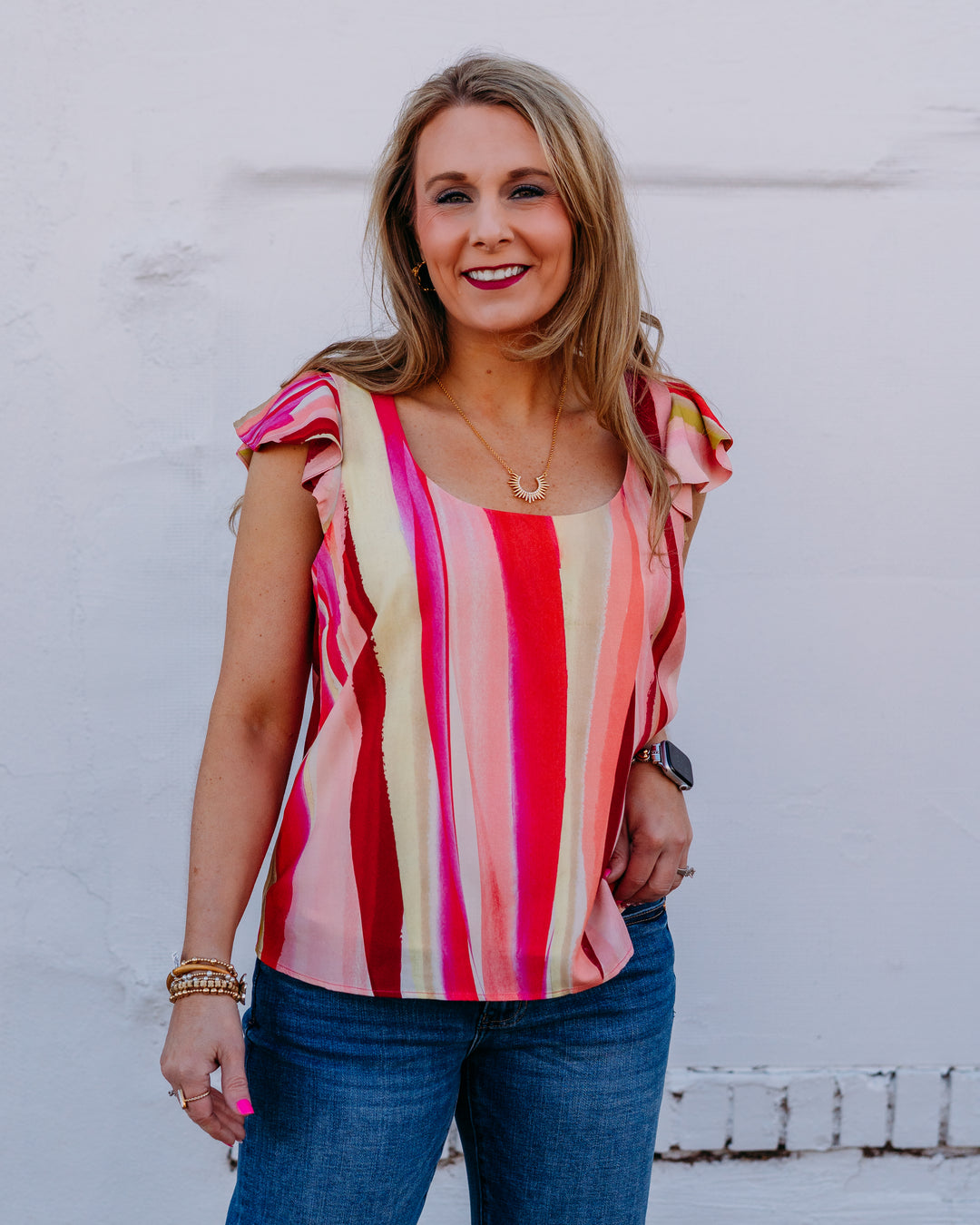 Liverpool: Flutter Sleeve Scoop Neck Woven Top in Pink Multi - The Vogue Boutique