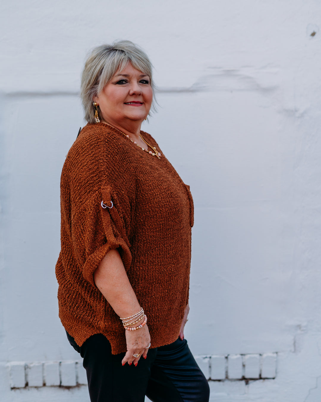 Tru Luxe: Roll Sleeve Crew Neck Sweater in Gold