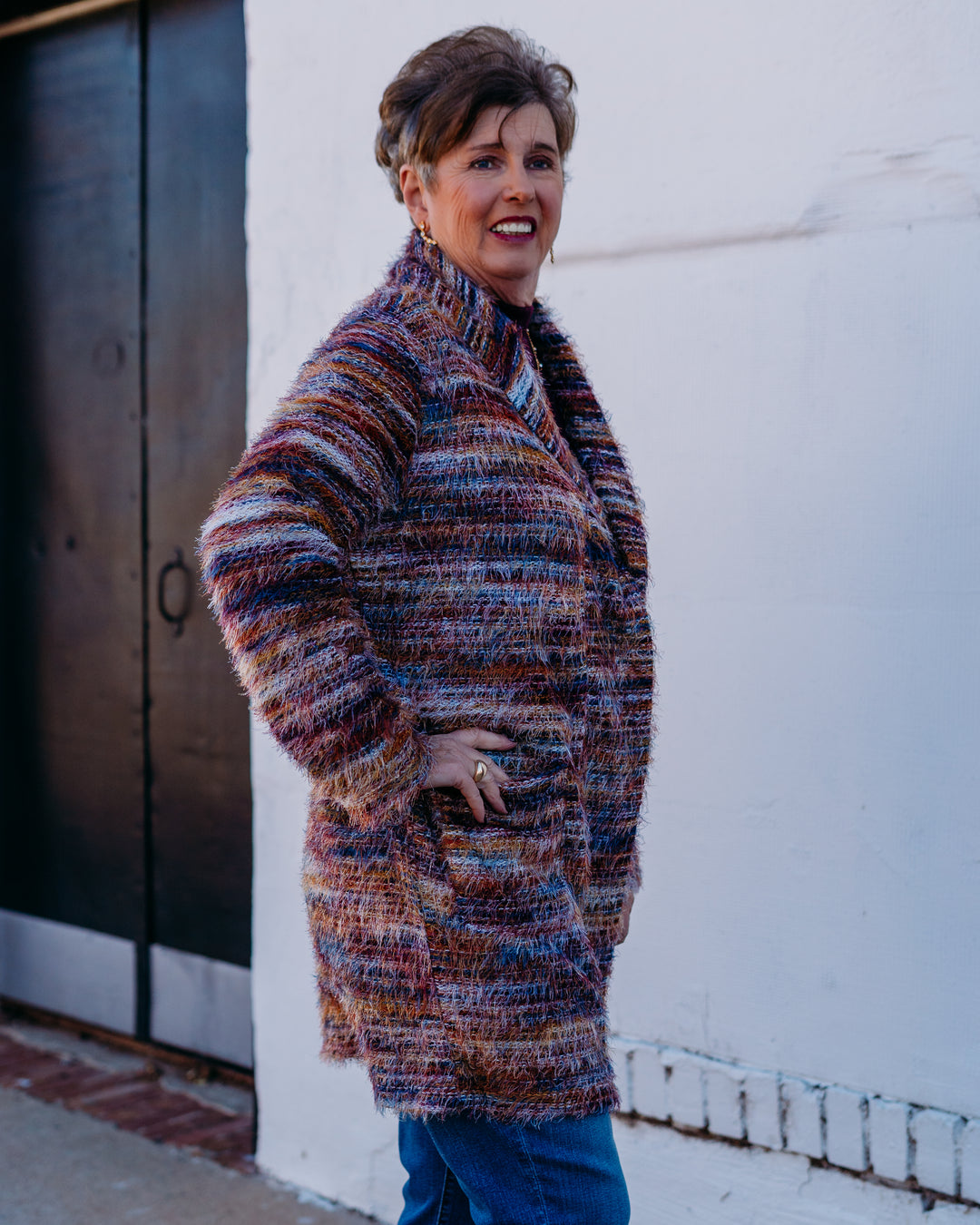 Liverpool: Long Sleeve Open Front cardigan in Mit father knit