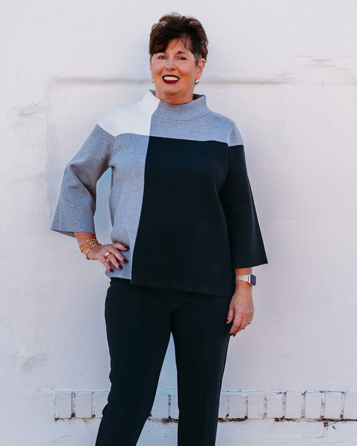 Joseph Ribkoff: Jacquard Sweater Colour Block Pullover in Black/Grey/Vanilla (253907)