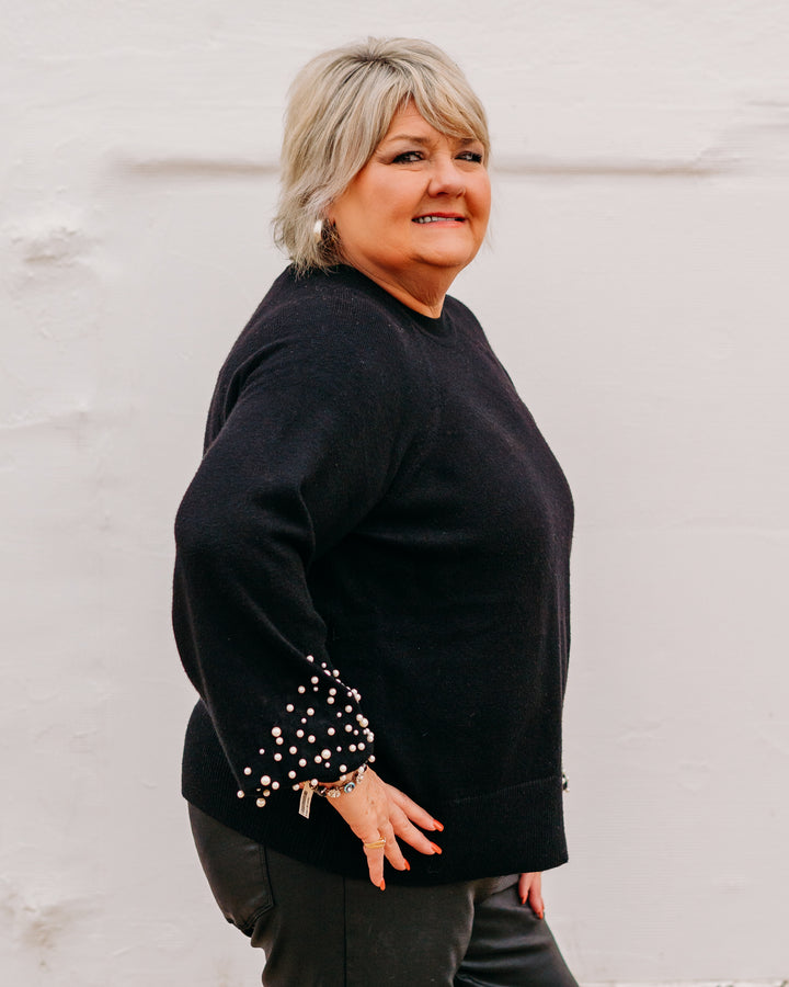 Charlie B: Crew Neck Sweater With Pearl Details in Black