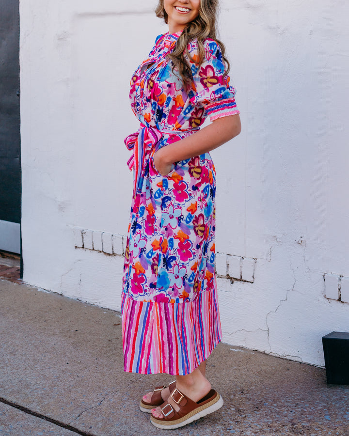 Joy Joy: Pin Tuck Maxi Dress in Studio Bloom (76A7567-B) - The Vogue Boutique