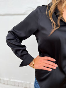 Glam: V-Neck Button Down Shirt in Black