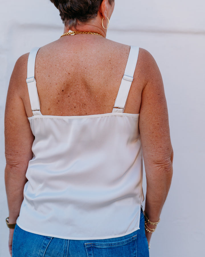 Liverpool: Woven Tank W/ Lace Trim in Whipped Cream