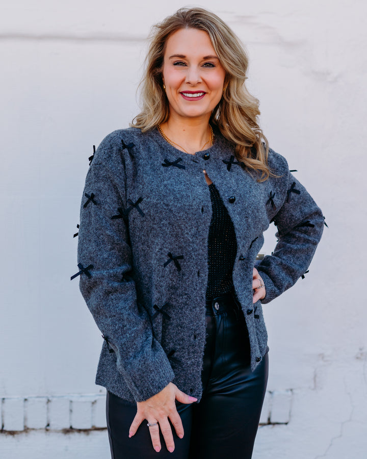 A La Carte: Cardigan with Bows in Charcoal (L35411KM)