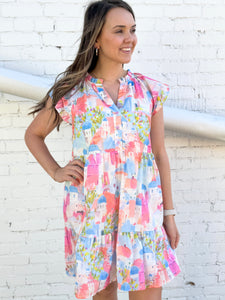 Joy Joy: Seaside Houses Flutter Sleeve Trim Dress 67C72933