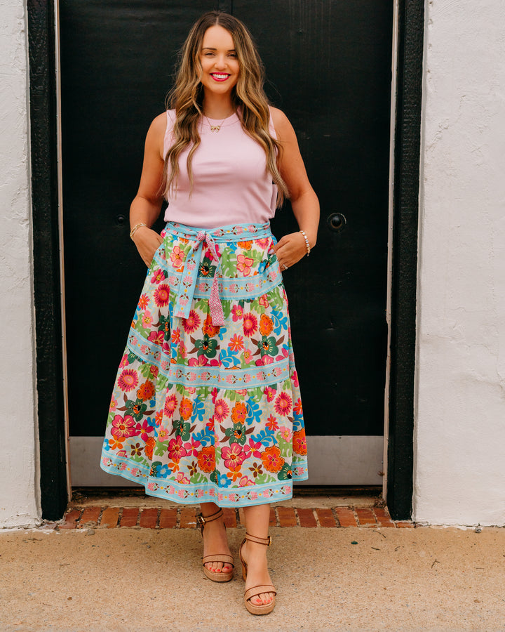 John Mark: Floral Tiered Skirt With Tie And Elastic Waist (J26457SM)