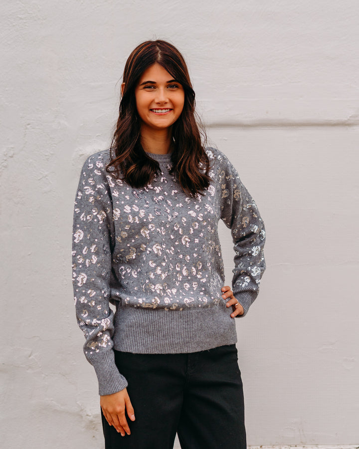 Charlie B: Drop Shoulder Sequined Crew Neck Sweater in Dark Grey