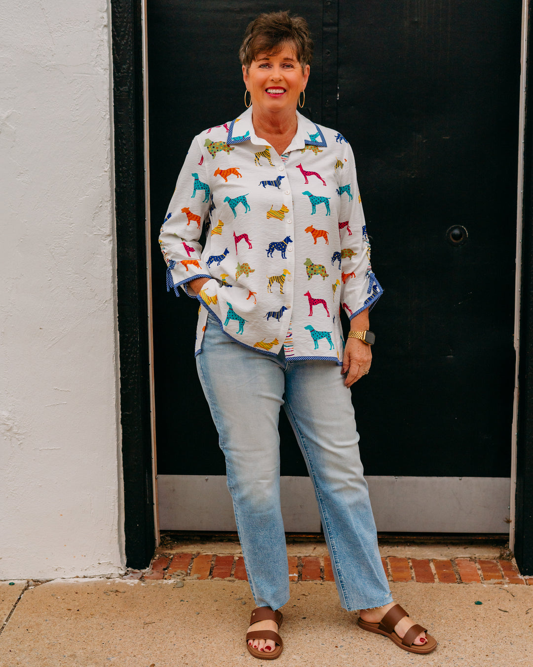 John Mark: Multi Dog Print Blouse With Cinch Sleeves (J26433BM) - The Vogue Boutique