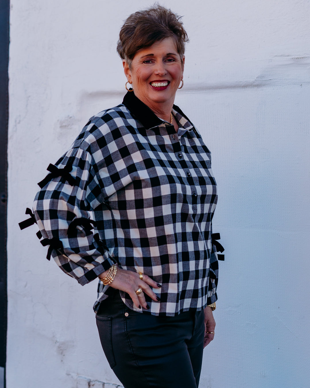 John Mark: Plaid Button Up Top With Velvet Collar in Black J45644TM