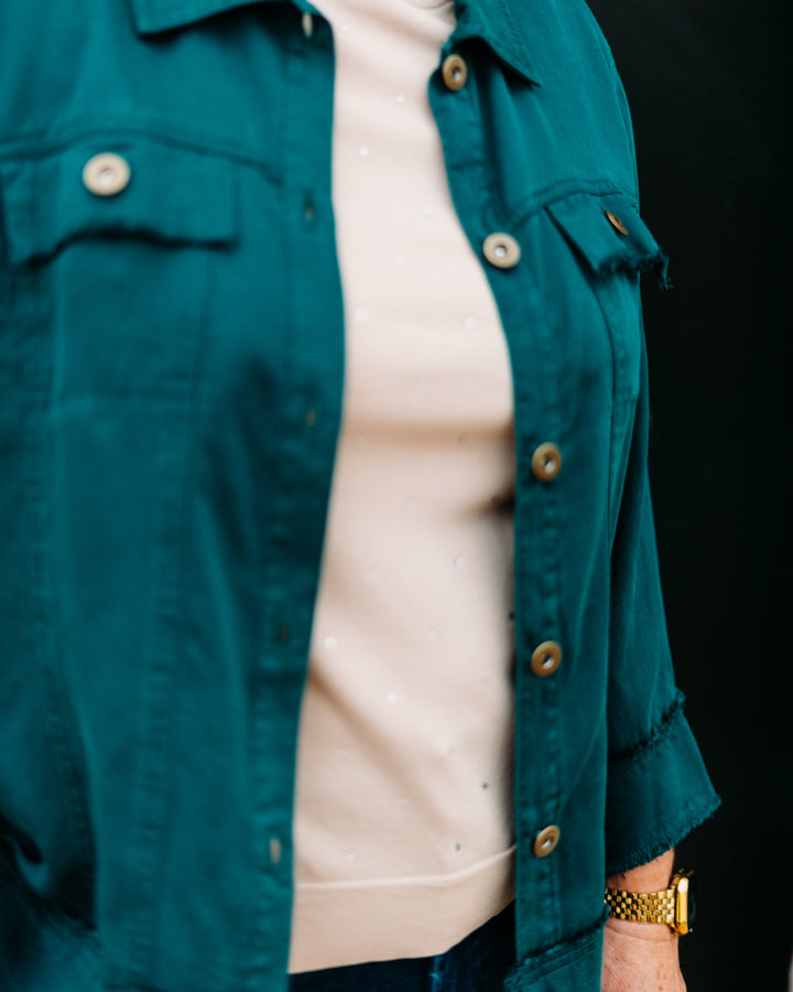 Multiples:  (Sun Stone) Cuffed 3/4 Sleeve Drop Shoulder Jacket in Deep Green (M35612JM)