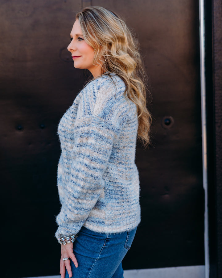 Charlie B: Notched Neck Sweater in Denim