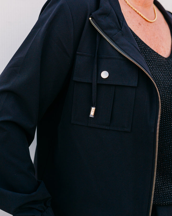Joseph Ribkoff: Stretch Woven Hooded Boxy Utility Jacket (262621)