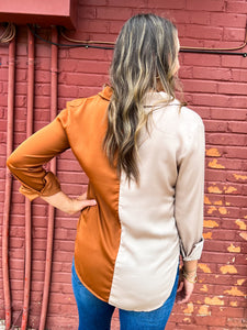 Glam: Button Down Color Block Shirt in Taupe