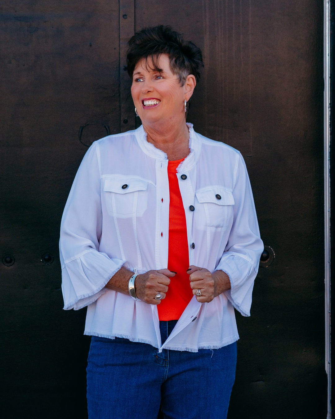 Multiples: 3/4 Flounce Sleeve 2-Pocket Button Front Peplum Jacket in White (M26510JM) - The Vogue Boutique