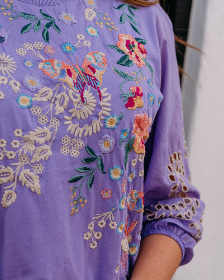 Johnny Was: 3/4 Sleeve Mixed Media Tee in Arva in Paisley Purple (J11026)