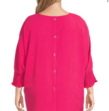 Load image into Gallery viewer, Multiples: Multi-Shirred Short Sleeve Wide Neck Faux Button Back Solid Crinkle Woven Top in Bright Pink M24509TM
