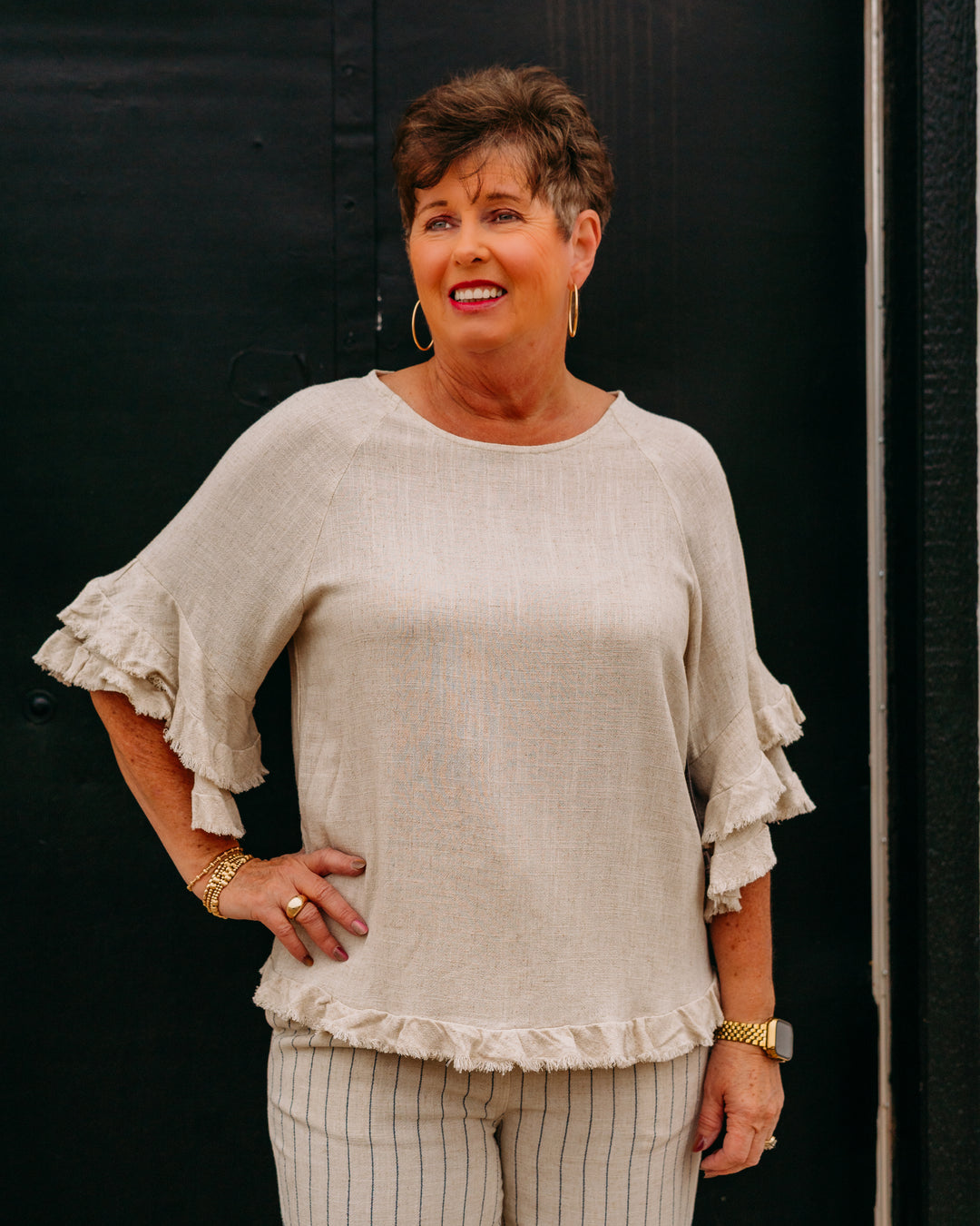 Multiples: Double Flounce Raglan Elbow Sleeve Scoop Neck Fringe Hem Top in Flax (M26720TM) - The Vogue Boutique