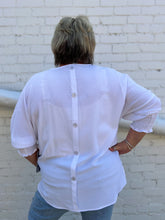 Load image into Gallery viewer, Multiples: Multi-Shirred Short Sleeve Wide Neck Faux Button Back Solid Crinkle Woven Top in White M24509TM
