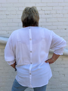Multiples: Multi-Shirred Short Sleeve Wide Neck Faux Button Back Solid Crinkle Woven Top in White M24509TM