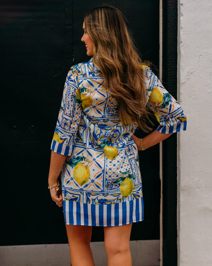 Jade: Lemon Tiles Placket Bell Sleeve Dress