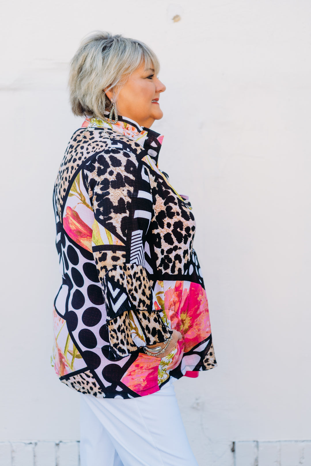 Multiples: DBL Peated Flounce 3/4 Sleeve Button Top in Multi M15407JM