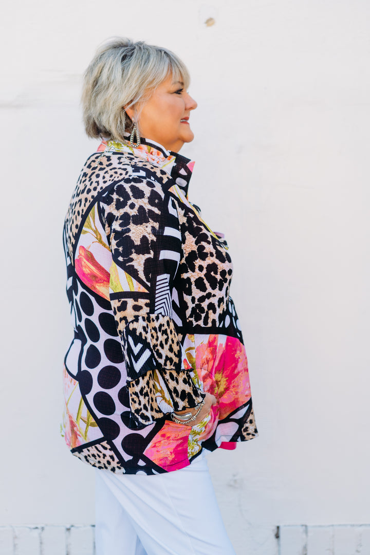 Multiples: DBL Peated Flounce 3/4 Sleeve Button Top in Multi M15407JM