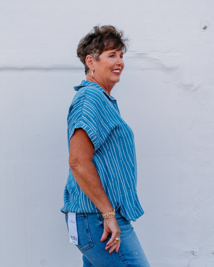 Multiples: (Freedom Rings) Twill & Print Denim Popover Top - Light Indigo Print (M26301TM)