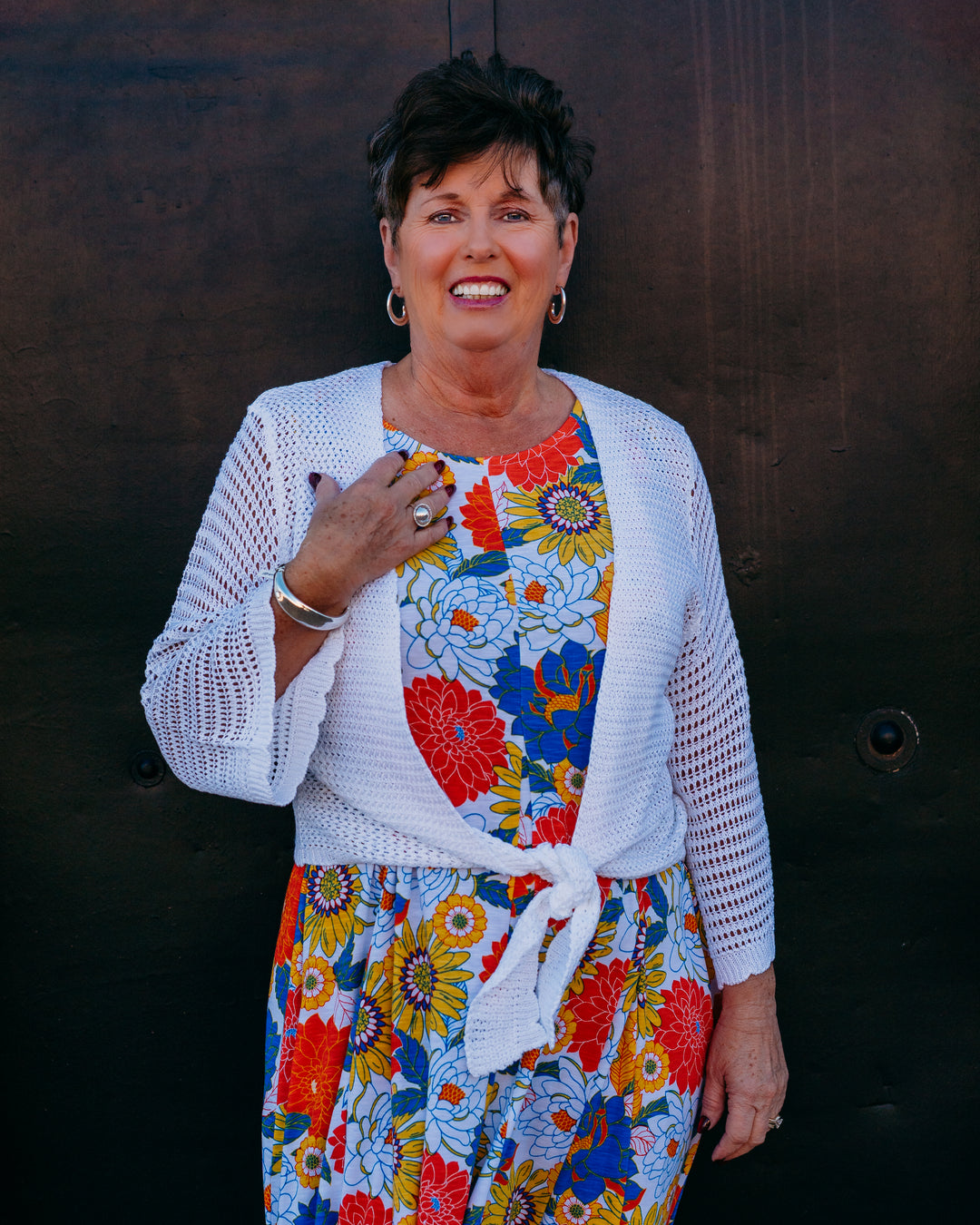 Multiples: 3/4 Sleeve Tie Front Waist Sweater Cardigan in White (M26105KM) - The Vogue Boutique