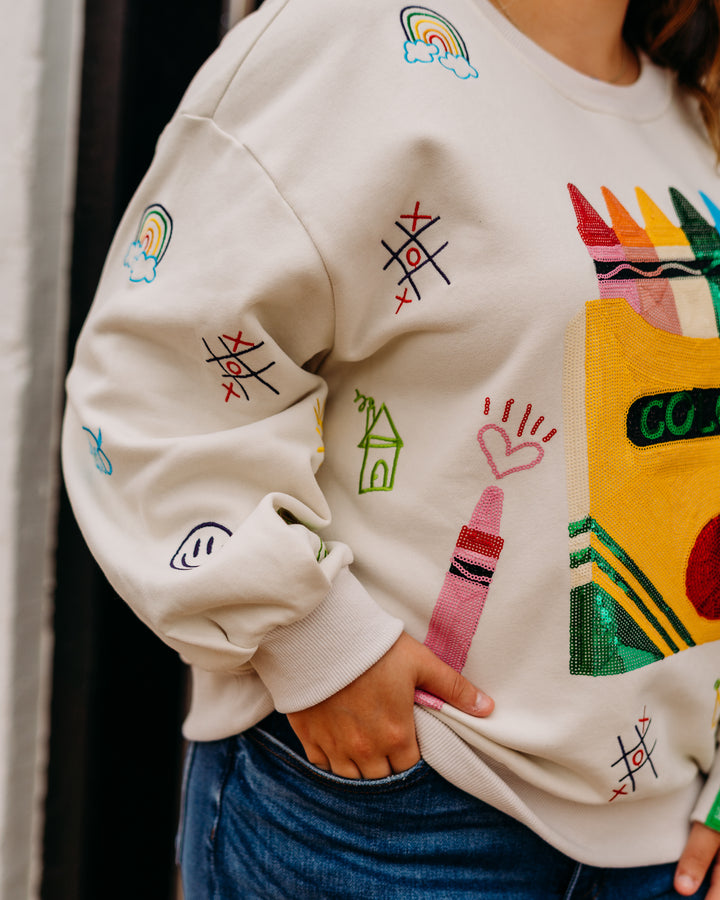 Queen of Sparkles: Crayon and Doodle Sweatshirt in Multicolor