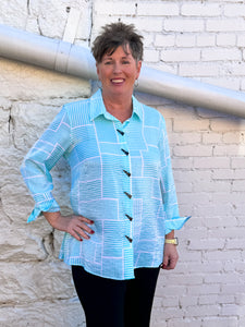 Multiples: 3/4 Sleeve Button Front Stripe Print Shimmer Shirt in Aqua - M14306BM