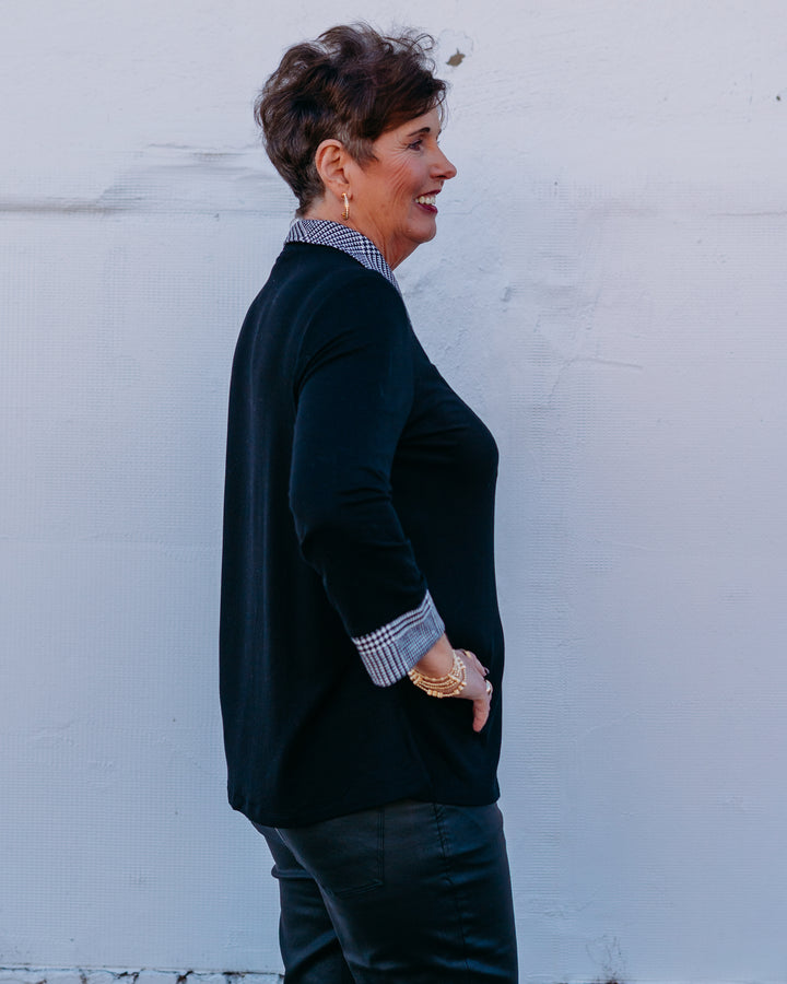 Multiples: (Merry & Bright) black Plaid Cuffed 3/4 Sleeve Knit Top M45605TM